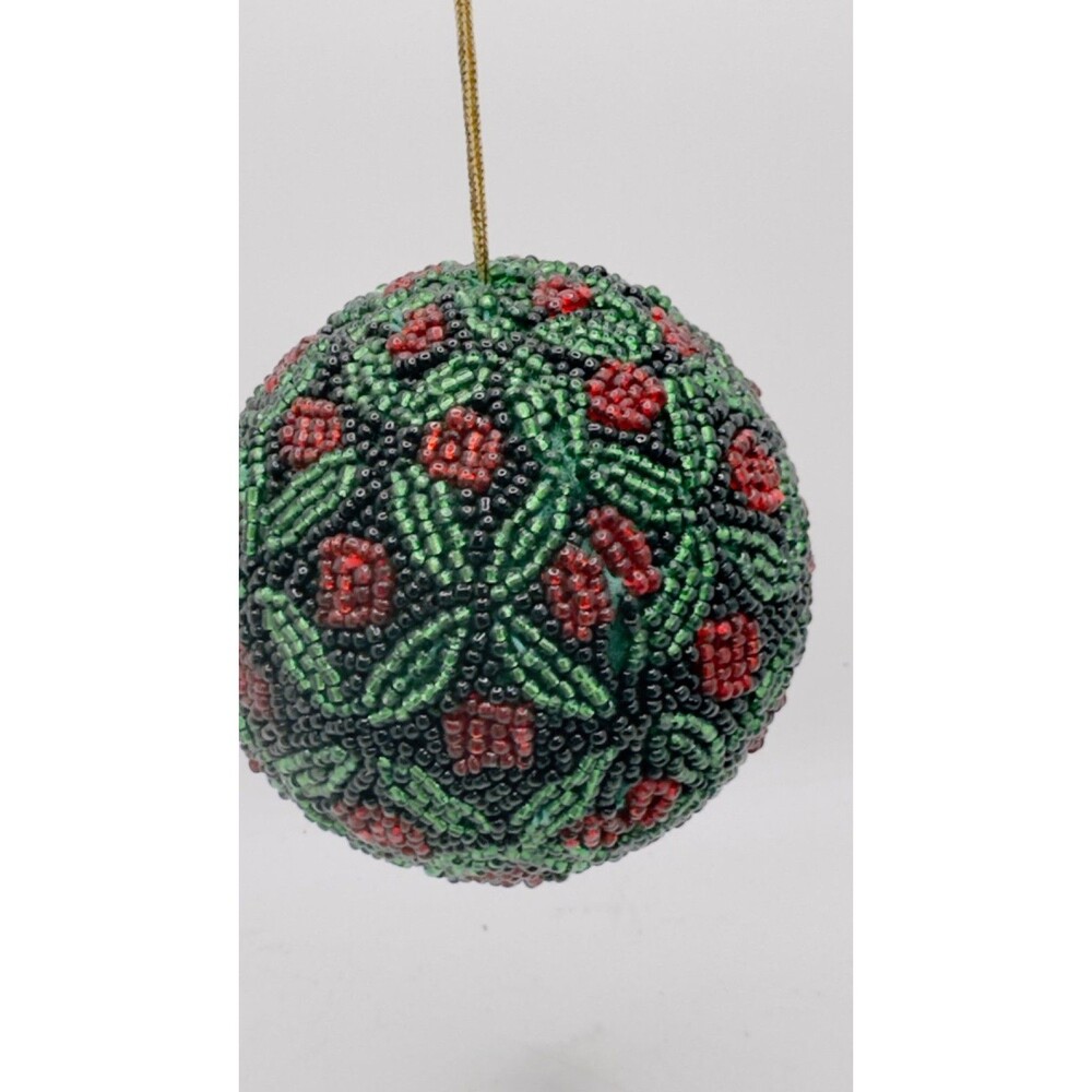 Vintage Red & Green Hand Crafted Glass Bead Christmas Ornament